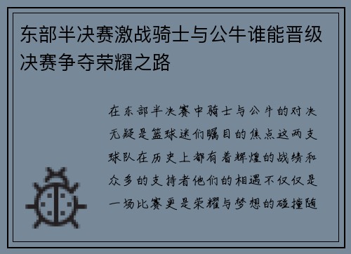 东部半决赛激战骑士与公牛谁能晋级决赛争夺荣耀之路